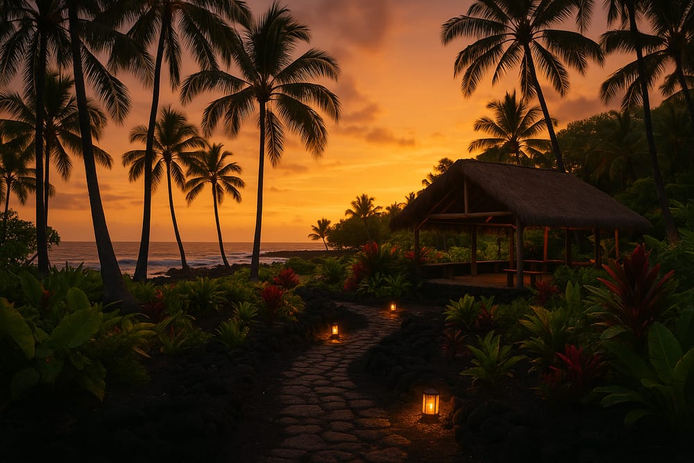 A serene sunset scene on the Big Island of Hawaii, capturing the warm glow of the setting sun filter