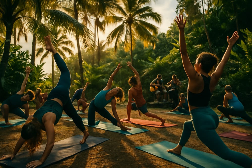 An energetic scene depicting a lively outdoor yoga class at Kalani, set against the backdrop of sway